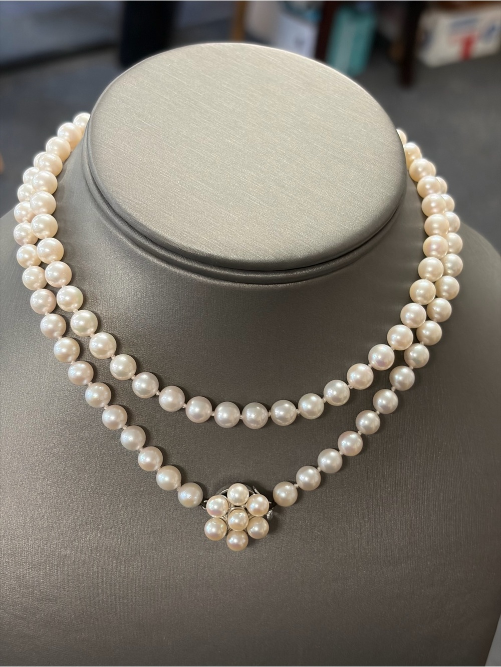 Classic Pearl Double-Strand Necklace with Floral Cluster